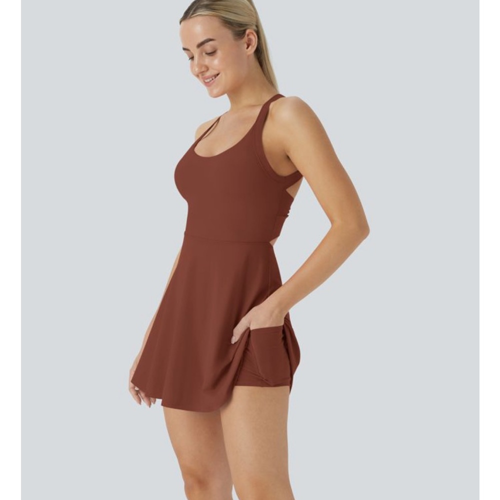 NWT Halara Salsa Softlyzero Airy Backless Twisted Easy Peezy Dress Sequoia, M